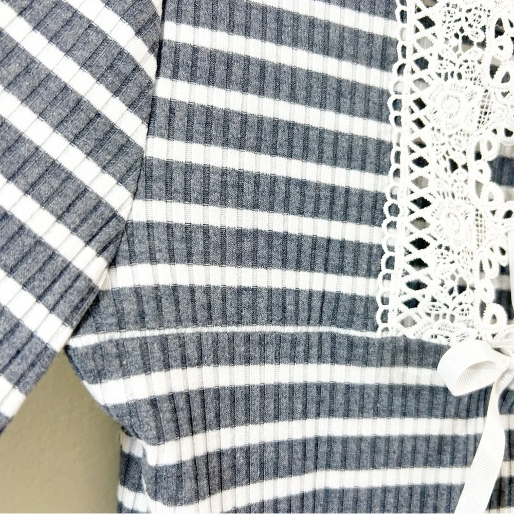 American Rag Cie Lace Up Tie Ribbed Blue White Stripe Long Sleeve Stretch Top L